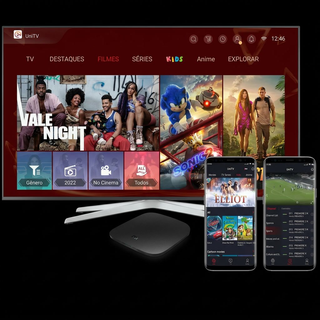 Interface da Unitv em televisão, aparelho TV Box e celulares
